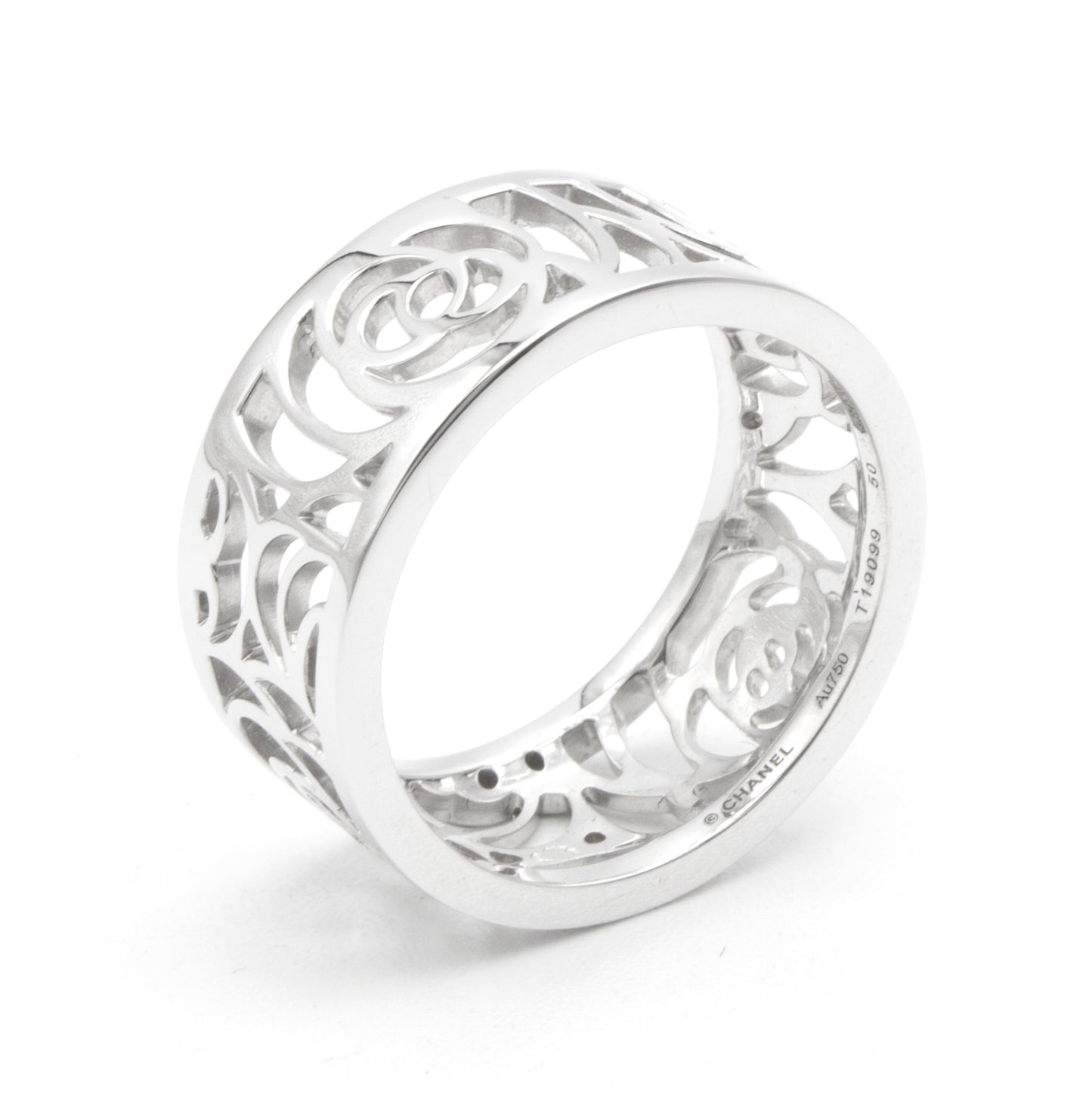 Chanel Camélia white gold ring Sz 50